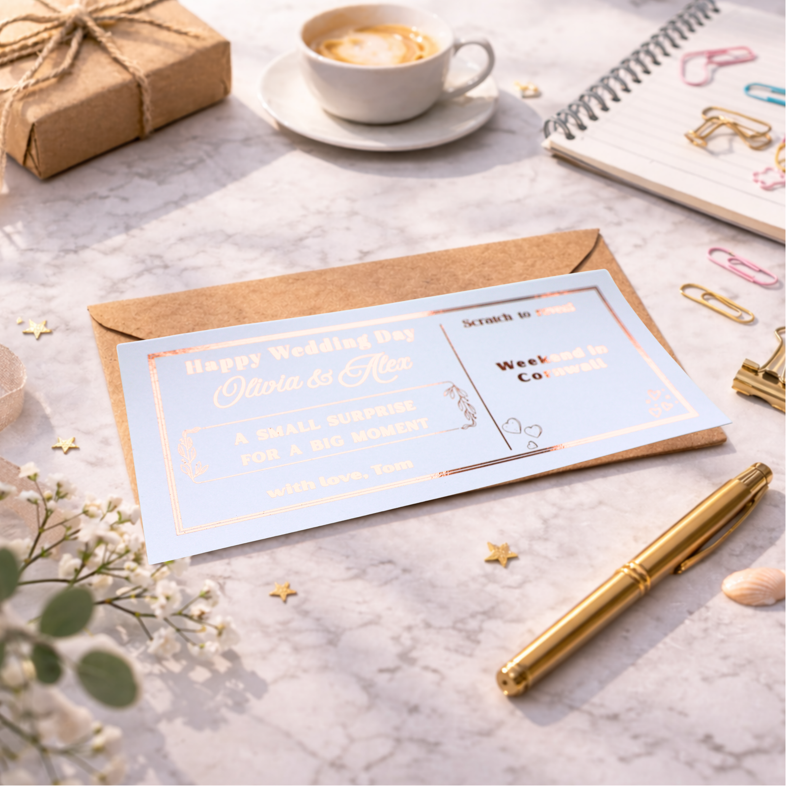 Personalised Wedding Day Surprise Scratch Card Weekend in Cornwall Gift, Custom Honeymoon or Anniversary Trip Reveal Voucher - Image 3