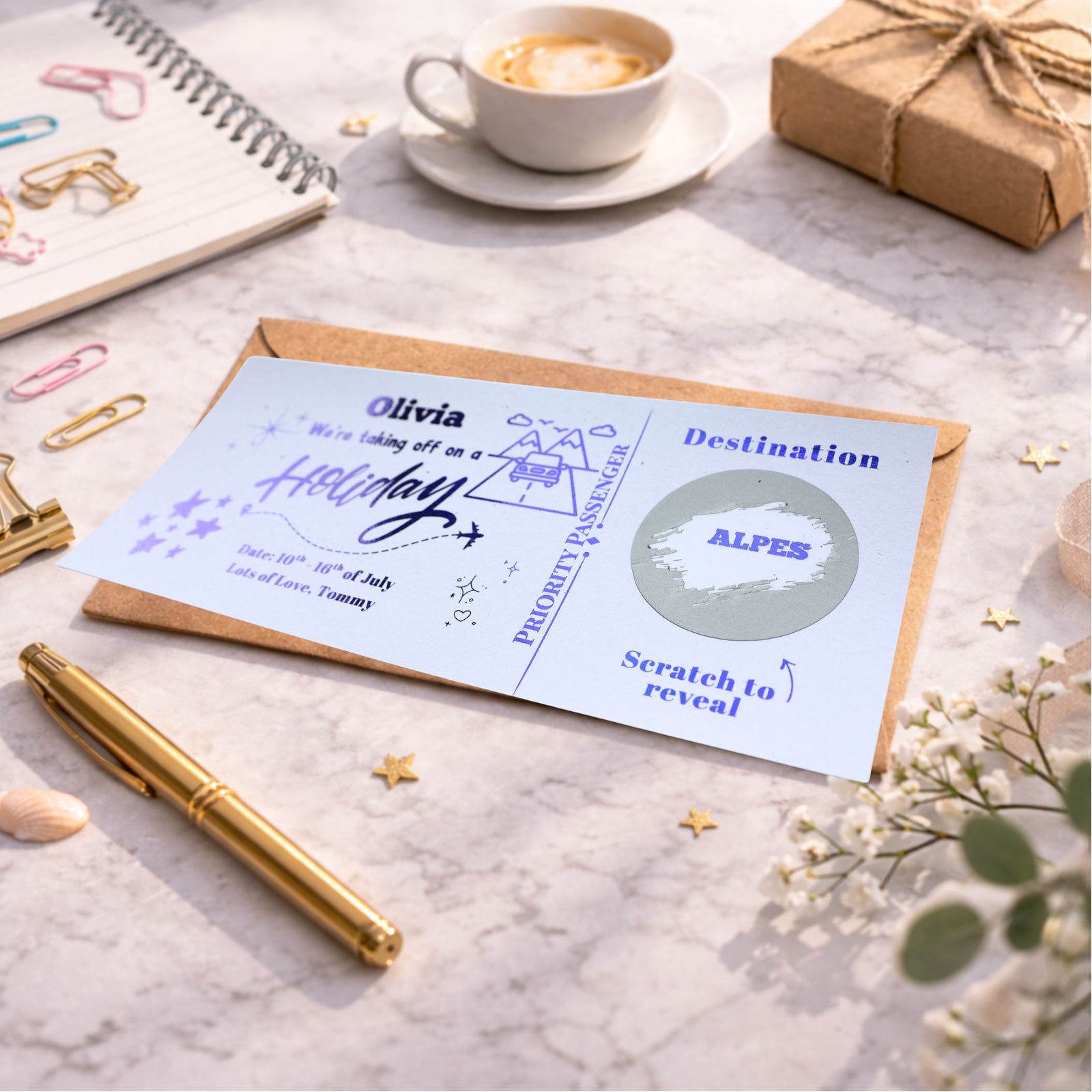 personalised holiday scratch card revealing alps mountain trip travel surprise