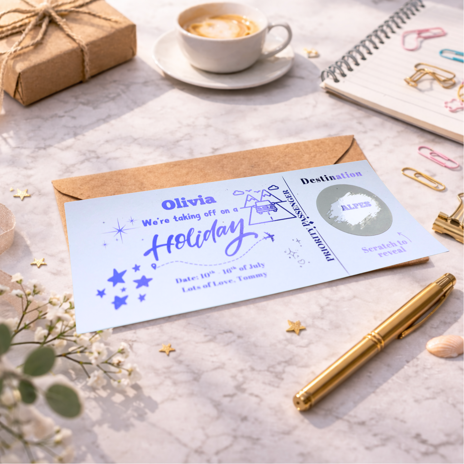 Personalised Holiday Reveal Scratch Card Alps Trip Surprise Gift, Custom Destination Travel Reveal Voucher for Couple - Image 3