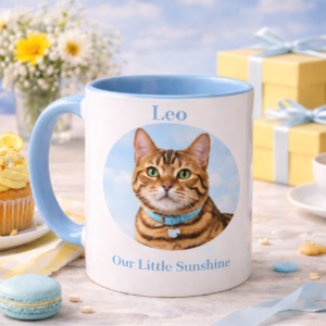 Personalised Cat Mug with Photo and Name, Custom Blue Pet Mug Gift for Cat Lovers, Cute Kitty Coffee Cup, Memorial or Everyday Keepsake