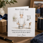 Personalised Fathers Day card for a chef dad featuring an illustrated chef in uniform, heartfelt thank you wording, and the custom sign off Love, Jamie