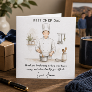 Personalised Fathers Day card for a chef dad featuring an illustrated chef in uniform, heartfelt thank you wording, and the custom sign off Love, Jamie