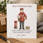 Personalised Fathers Day card for a postman dad featuring an illustrated postal worker, heartfelt thank you wording, and the custom sign off Love, Jamie