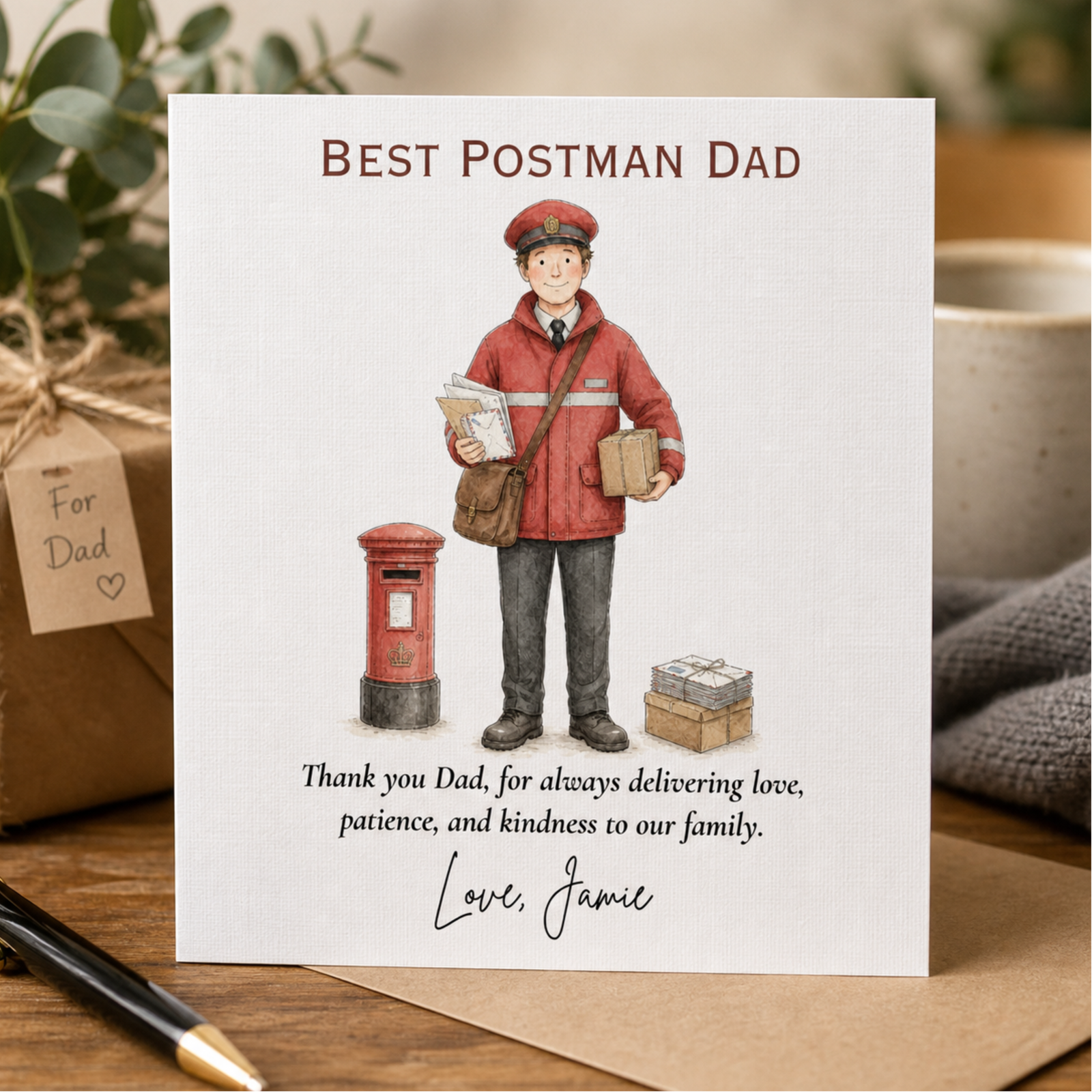 Personalised Fathers Day card for a postman dad featuring an illustrated postal worker, heartfelt thank you wording, and the custom sign off Love, Jamie