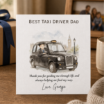 Personalised Fathers Day card for a taxi driver dad featuring an illustrated black cab scene, heartfelt thank you wording, and the custom sign off Love, George