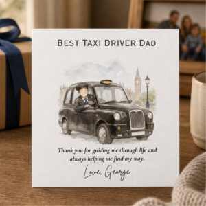 Personalised Fathers Day card for a taxi driver dad featuring an illustrated black cab scene, heartfelt thank you wording, and the custom sign off Love, George