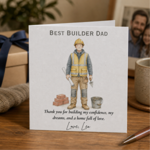 Personalised Fathers Day card for a builder dad featuring an illustrated builder in workwear, heartfelt thank you wording, and the custom sign off Love, Leo