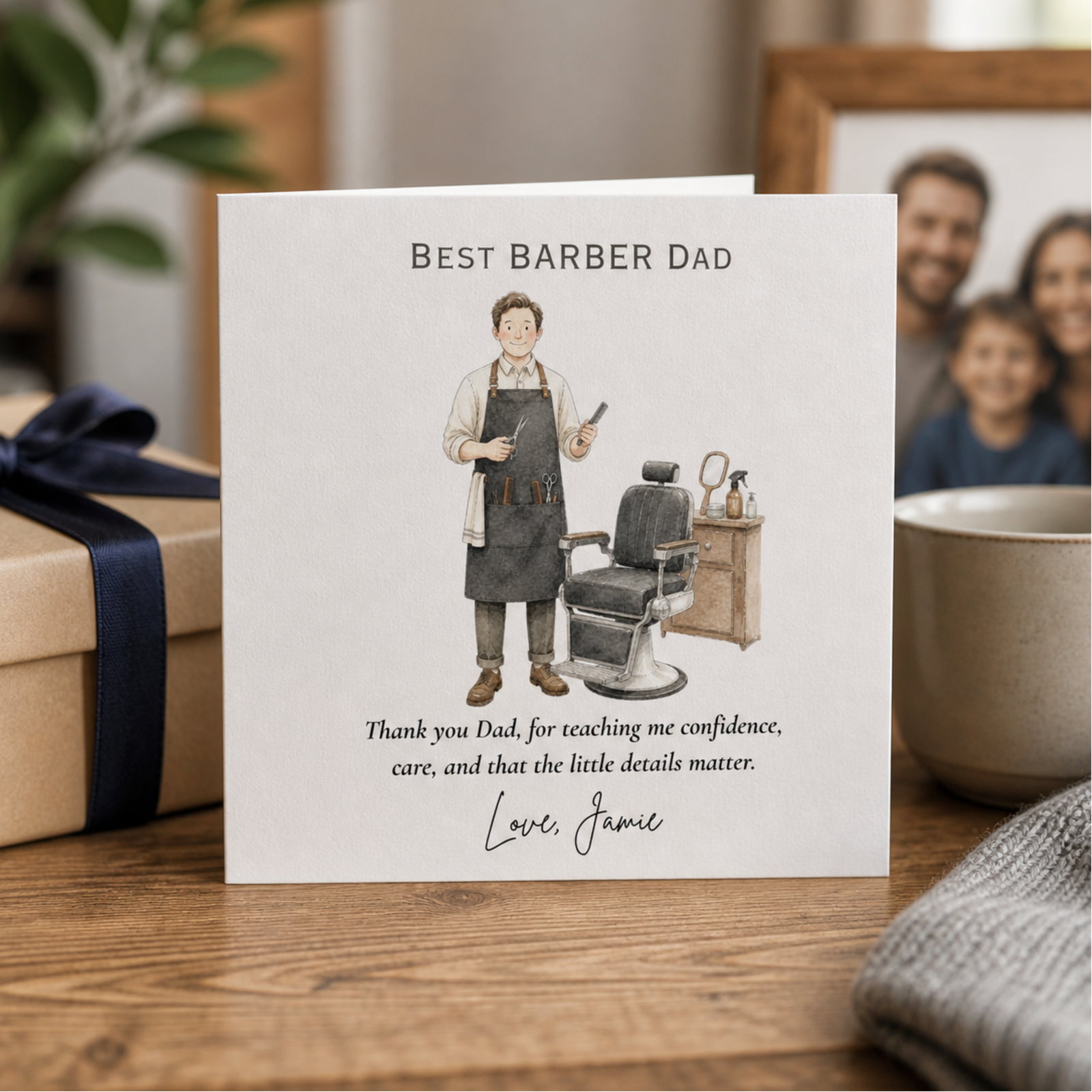 Personalised Fathers Day card for a barber dad featuring an illustrated barber scene, heartfelt thank you wording, and the custom sign off Love, Jamie