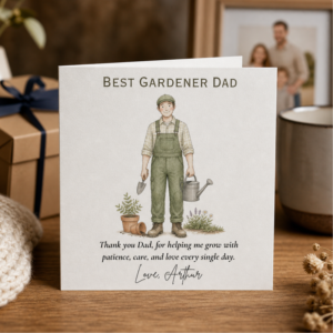 Personalised Fathers Day card for a gardener dad featuring an illustrated gardener with plants and watering can, heartfelt thank you wording, and the custom sign off Love, Arthur
