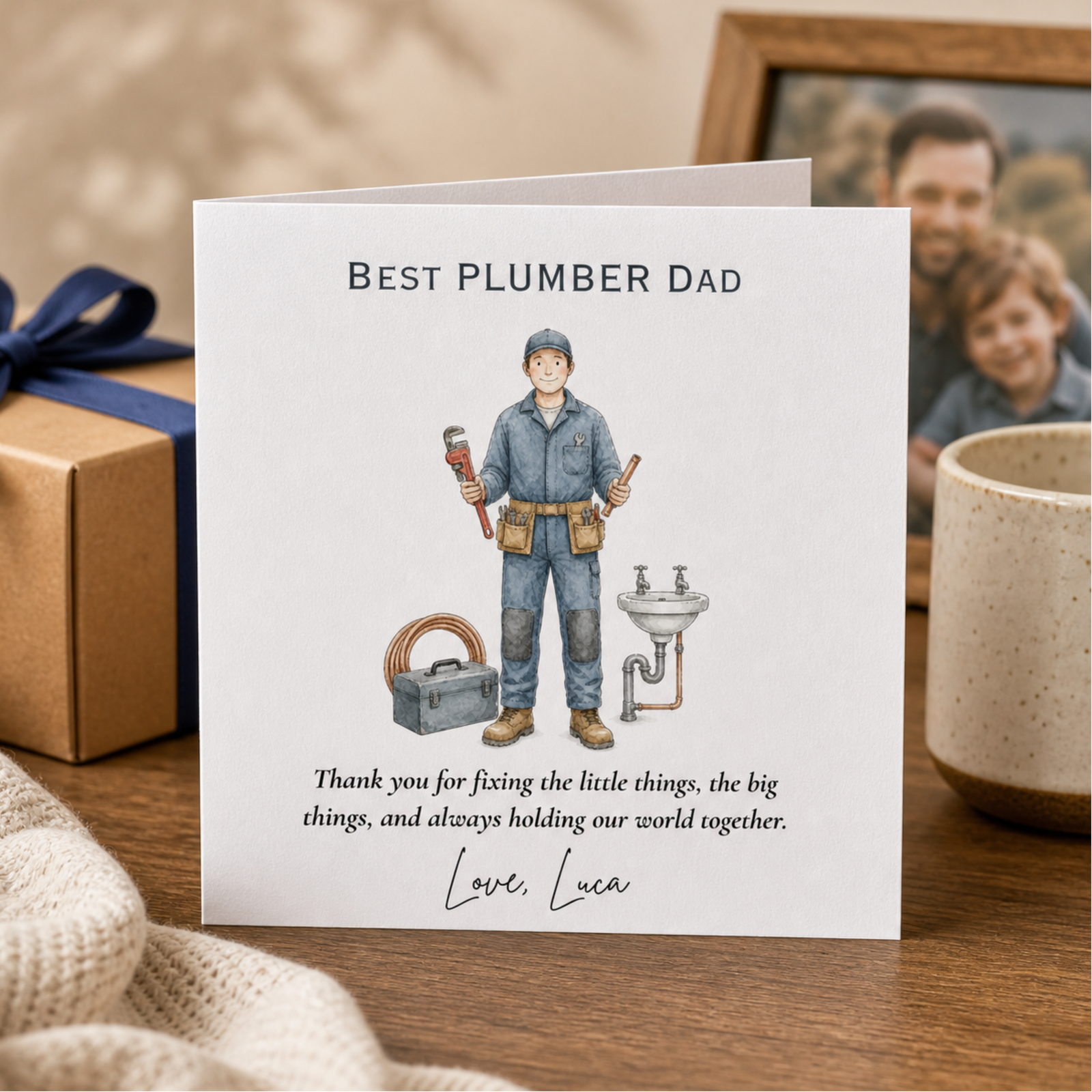 Personalised Fathers Day card for a plumber dad featuring an illustrated plumber with tools and sink, heartfelt thank you wording, and the custom sign off Love, Oscar