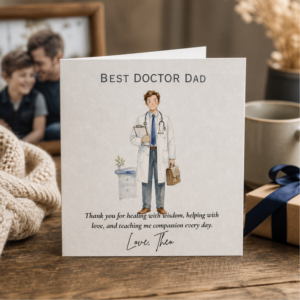 Personalised Fathers Day card for a doctor dad featuring an illustrated doctor in a white coat, heartfelt thank you wording, and the custom sign off Love, Theo