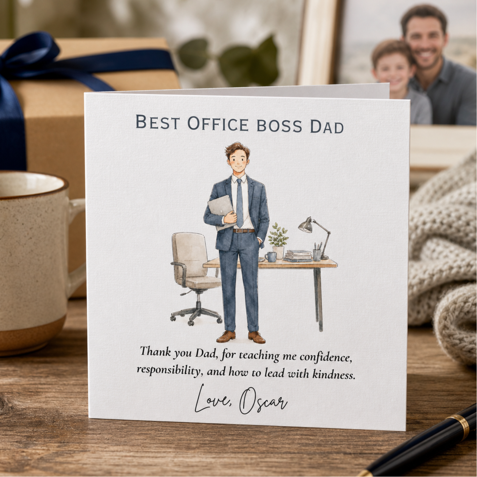 Personalised Fathers Day card for an office boss dad featuring an illustrated man in a suit beside a desk, heartfelt thank you wording, and the custom sign off Love, Oscar