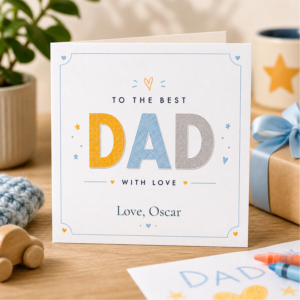Personalised Dad card featuring soft blue and yellow lettering, the message To The Best Dad With Love, and the custom name Oscar