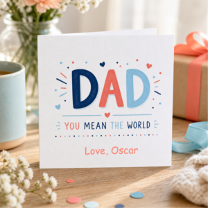 Personalised Dad card featuring bold blue and coral typography, the message You Mean The World, and the custom sign off Love, Oscar