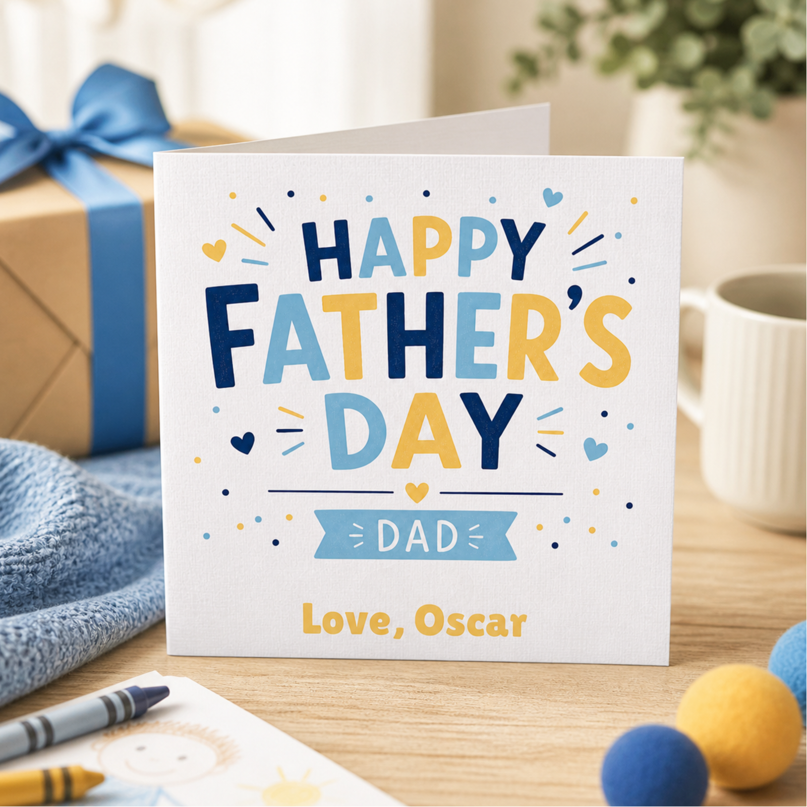 Personalised Happy Fathers Day card featuring colourful blue and yellow typography, small heart details, and the custom sign off Love, Oscar