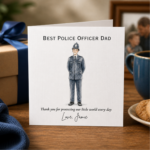 Personalised Fathers Day card for a police officer dad featuring a uniformed policeman illustration, thank you wording, and the custom sign off Love, Jamie