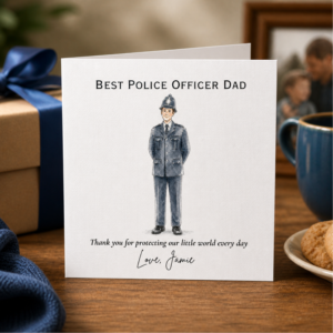 Personalised Fathers Day card for a police officer dad featuring a uniformed policeman illustration, thank you wording, and the custom sign off Love, Jamie
