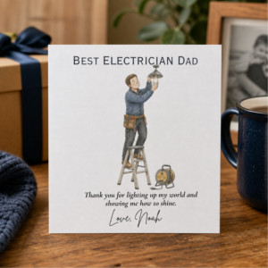 Personalised Fathers Day card for an electrician dad featuring an illustrated tradesman on a ladder, thank you wording, and the custom sign off Love, Noah