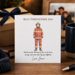Personalised Fathers Day card for a firefighter dad featuring an illustrated fireman uniform design, thank you wording, and the custom sign off Love, Jamie