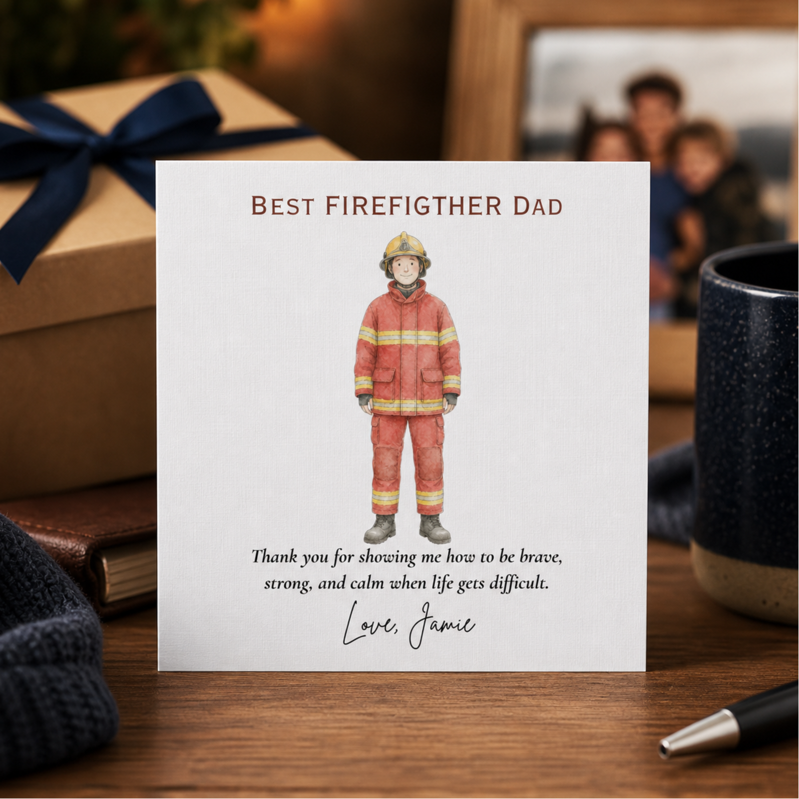 Personalised Fathers Day card for a firefighter dad featuring an illustrated fireman uniform design, thank you wording, and the custom sign off Love, Jamie
