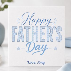 Personalised Happy Fathers Day card featuring elegant blue typography, subtle star details, and the custom sign off Love, Amy