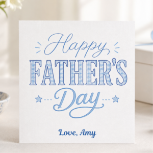 Personalised Happy Fathers Day card featuring elegant blue typography, subtle star details, and the custom sign off Love, Amy