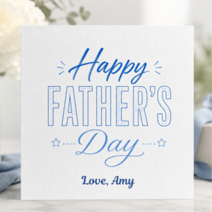 Personalised Happy Fathers Day card featuring elegant blue typography, subtle star details, and the custom sign off Love, Amy