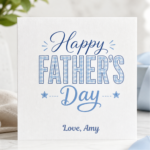 Personalised Happy Fathers Day card featuring soft blue typography, decorative stars, and the custom sign off Love, Amy