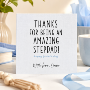 Personalised Stepdad card featuring bold modern typography, the message Thanks For Being An Amazing Stepdad, and the custom sign off With love, Liam