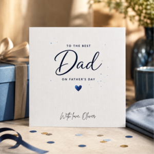 Personalised Fathers Day card for Dad featuring elegant navy script text, a small blue heart, and the custom sign off With love, Oliver
