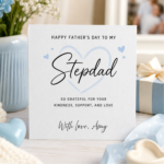 Personalised Father’s Day card for Stepdad featuring elegant script lettering, soft blue heart details, and the custom sign off With love, Amy