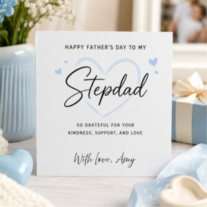 Personalised Father’s Day card for Stepdad featuring elegant script lettering, soft blue heart details, and the custom sign off With love, Amy