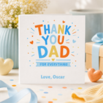 Personalised thank you card for Dad featuring colourful typography, the message Thank You Dad For Everything, and the custom sign off Love, Oscar