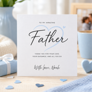 Personalised Fathers Day card for Father featuring elegant script typography, a heartfelt thank you message, and the custom sign off With love, Noah