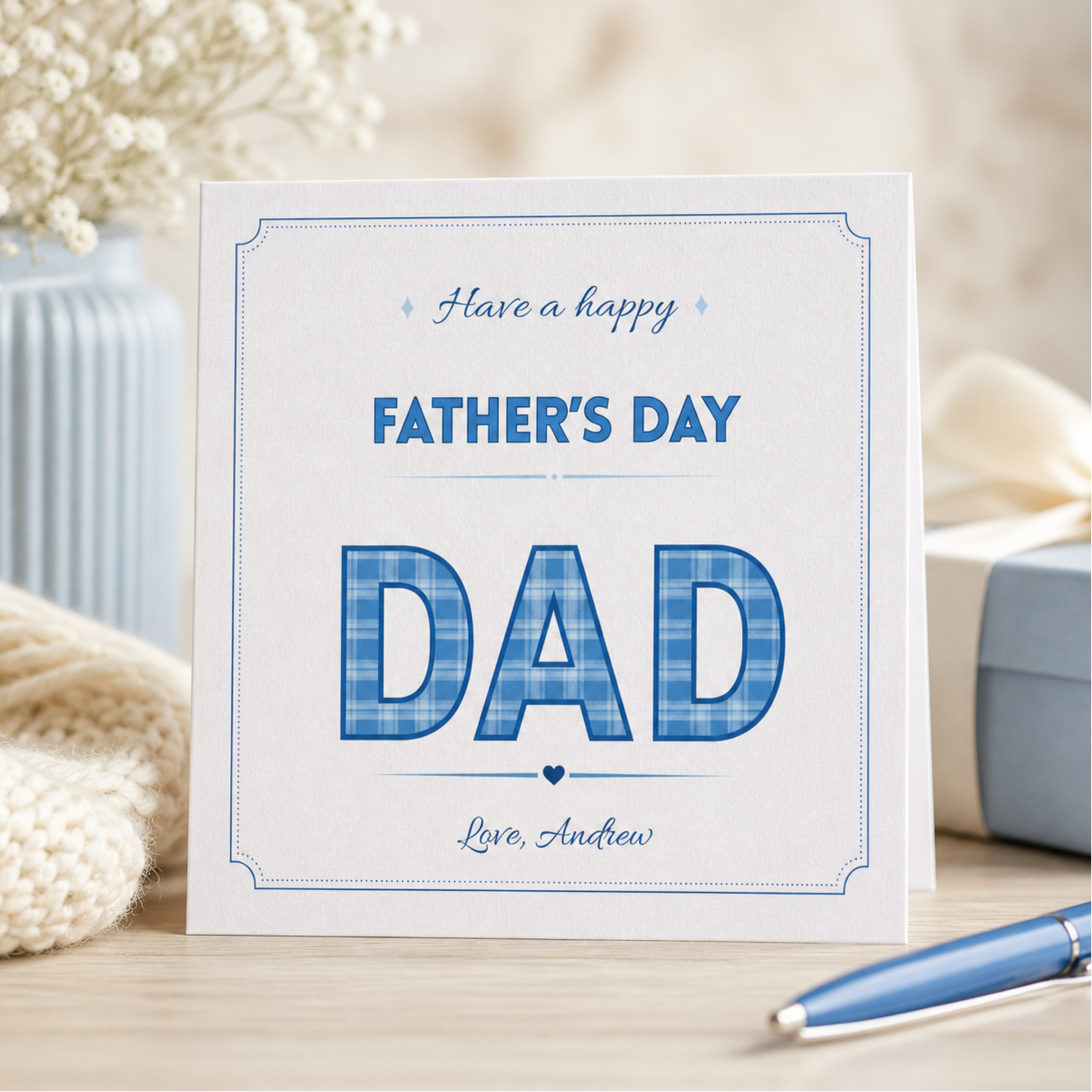 Personalised Fathers Day Card for Dad, Custom Blue Fathers Day Greeting Card with Name, Classic Daddy Gift Card from Son Daughter or Kids