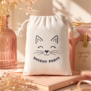Cream cotton drawstring pouch featuring a minimalist cat face illustration and the text Sheriff Porty in black