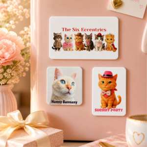 Personalised cat fridge magnet with cute pet artwork, shown in different size options for fridges, lockers, and magnetic boards