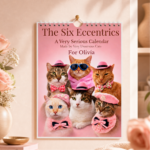 Personalised pink cat wall calendar featuring six dressed up cats on the cover with the title The Six Eccentrics and custom name text