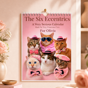 Personalised pink cat wall calendar featuring six dressed up cats on the cover with the title The Six Eccentrics and custom name text
