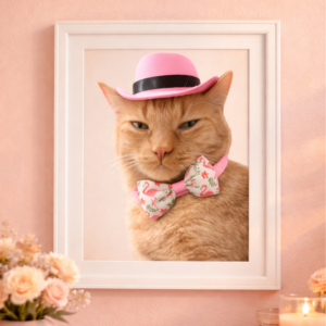 Personalised pet portrait print featuring a cat in a pink hat and floral bow tie, designed as cheerful custom wall art for cat or dog lovers