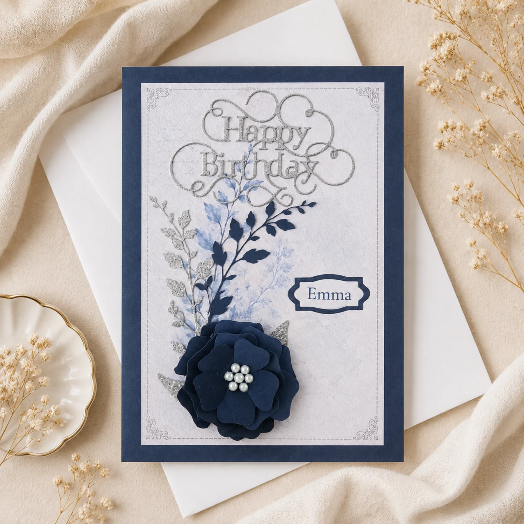 Personalised Navy Blue Birthday Card | Handmade 3D Flower Card | Named Card for Her | Floral Birthday Card - Image 7