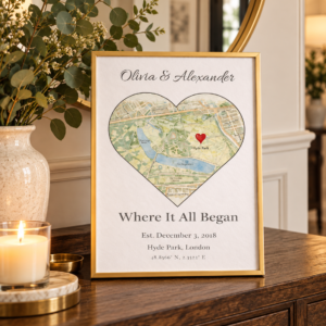 Personalised Heart Map Artwork for Couples, Custom First Date Location Print, Elegant Gift