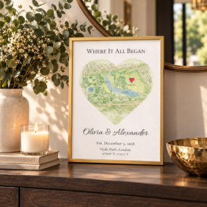 Watercolour Heart Map Print for Couples, Personalised Location Artwork, Soft Romantic Gift