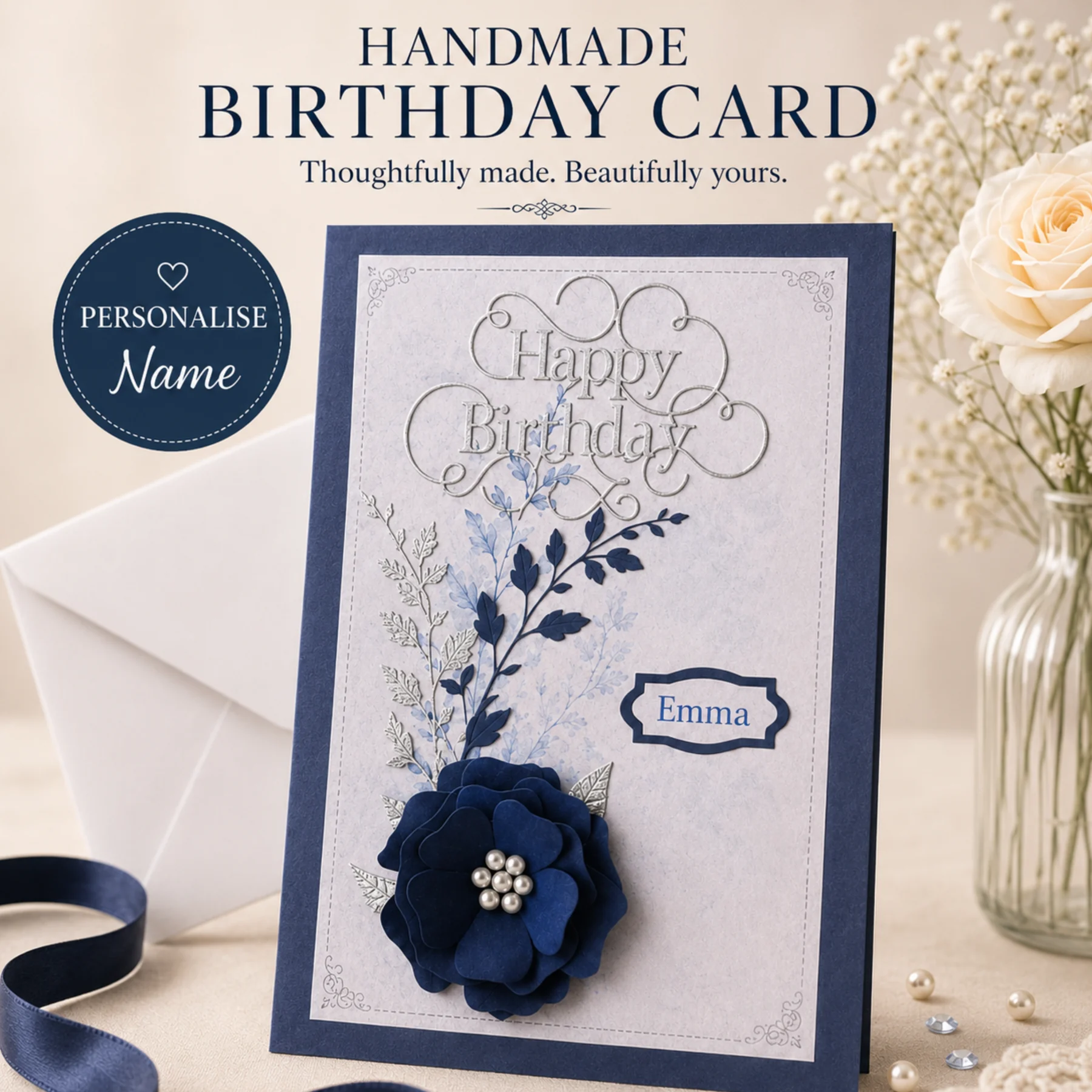 Personalised Navy Blue Birthday Card | Handmade 3D Flower Card | Named Card for Her | Floral Birthday Card