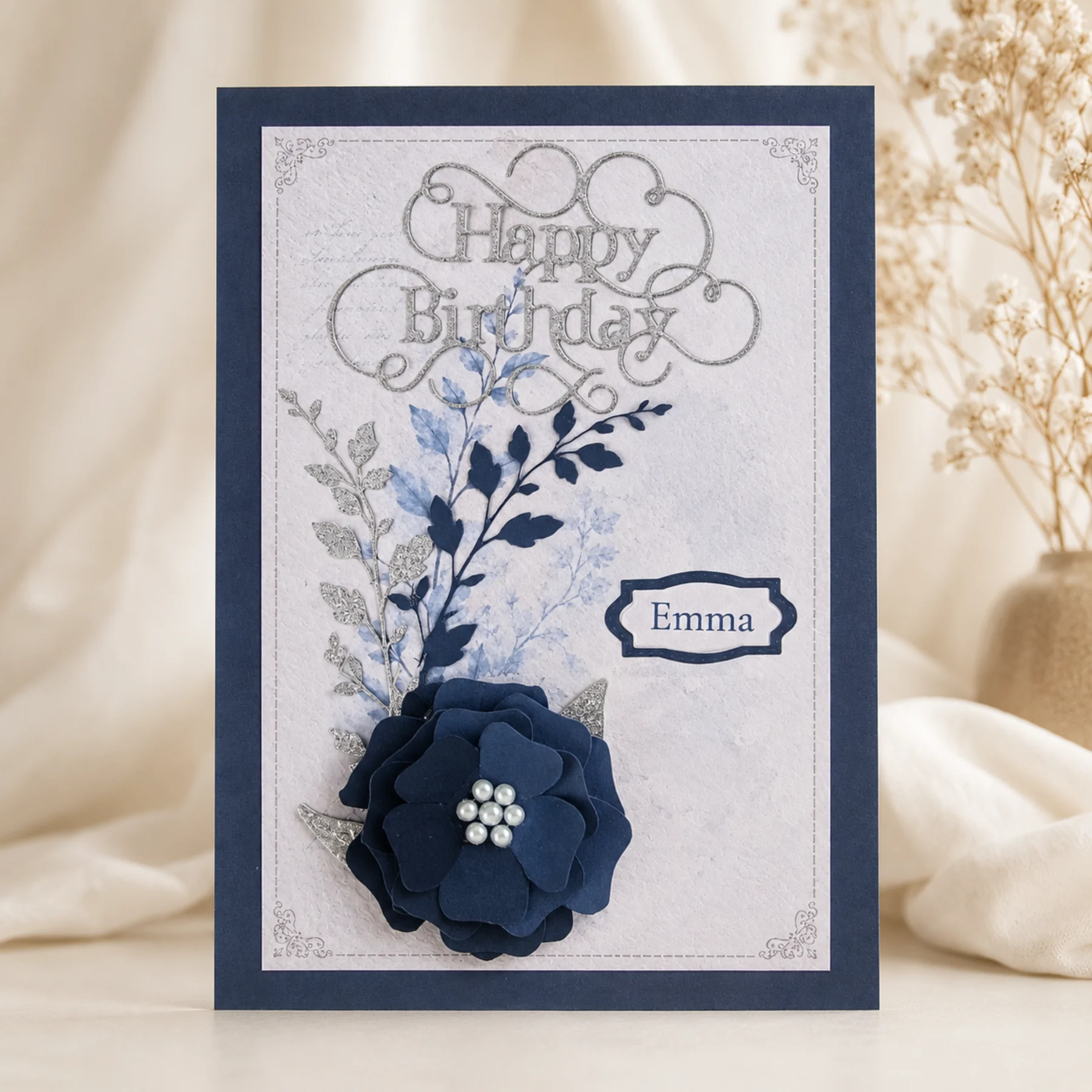 Personalised Navy Blue Birthday Card | Handmade 3D Flower Card | Named Card for Her | Floral Birthday Card - Image 6