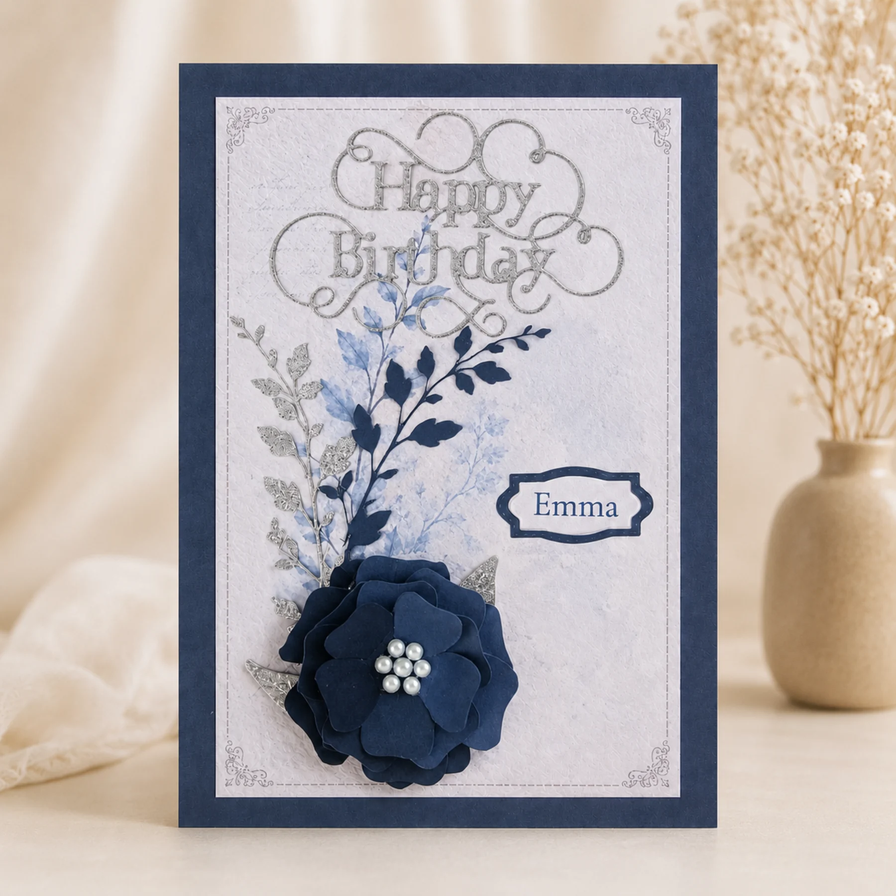 Personalised Navy Blue Birthday Card | Handmade 3D Flower Card | Named Card for Her | Floral Birthday Card - Image 4