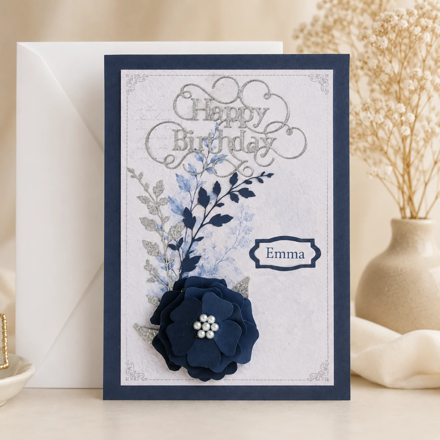 Personalised Navy Blue Birthday Card | Handmade 3D Flower Card | Named Card for Her | Floral Birthday Card - Image 3
