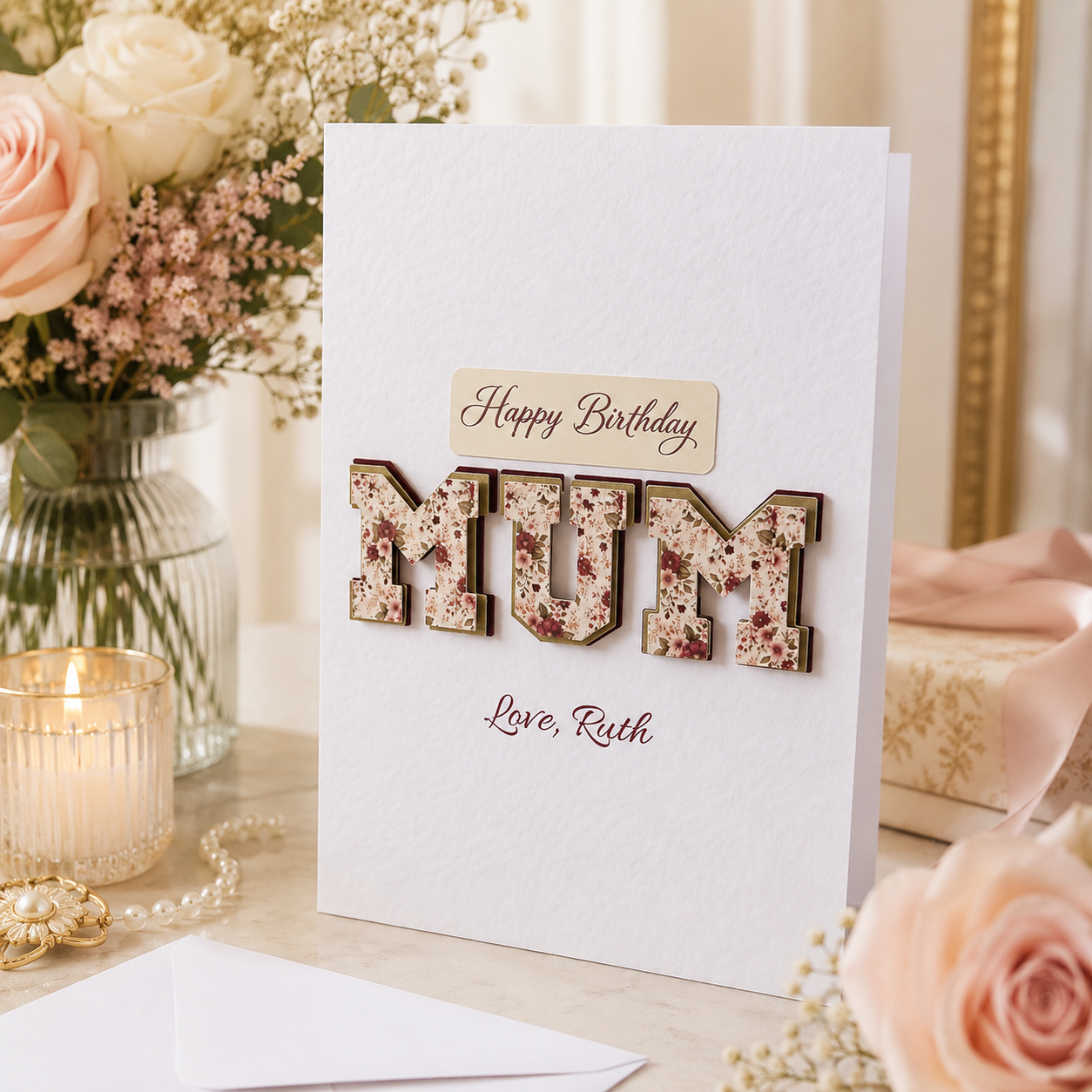Personalised 3D birthday card for Mum with burgundy floral layered details