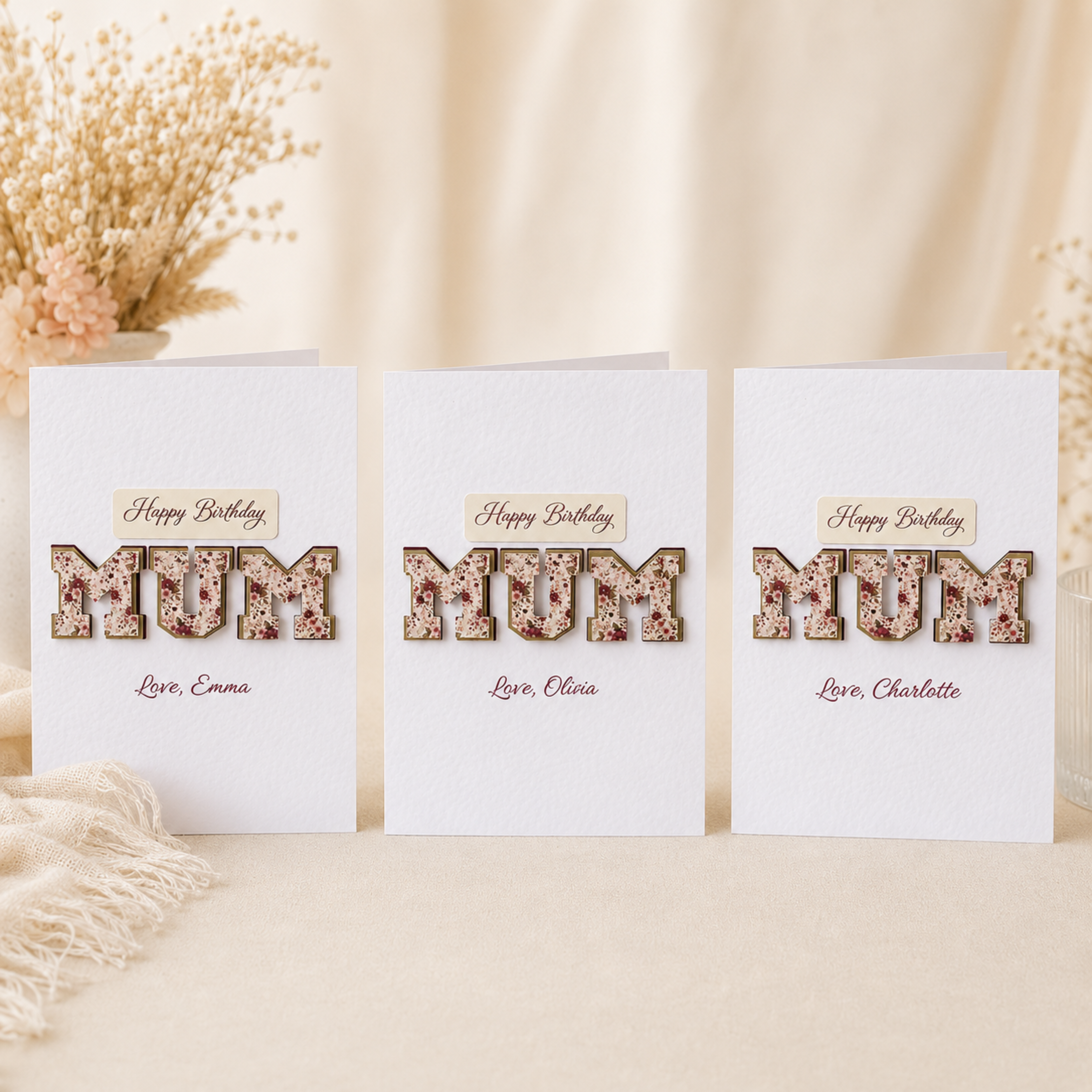 Close-up of handmade burgundy MUM birthday card with personalised detail