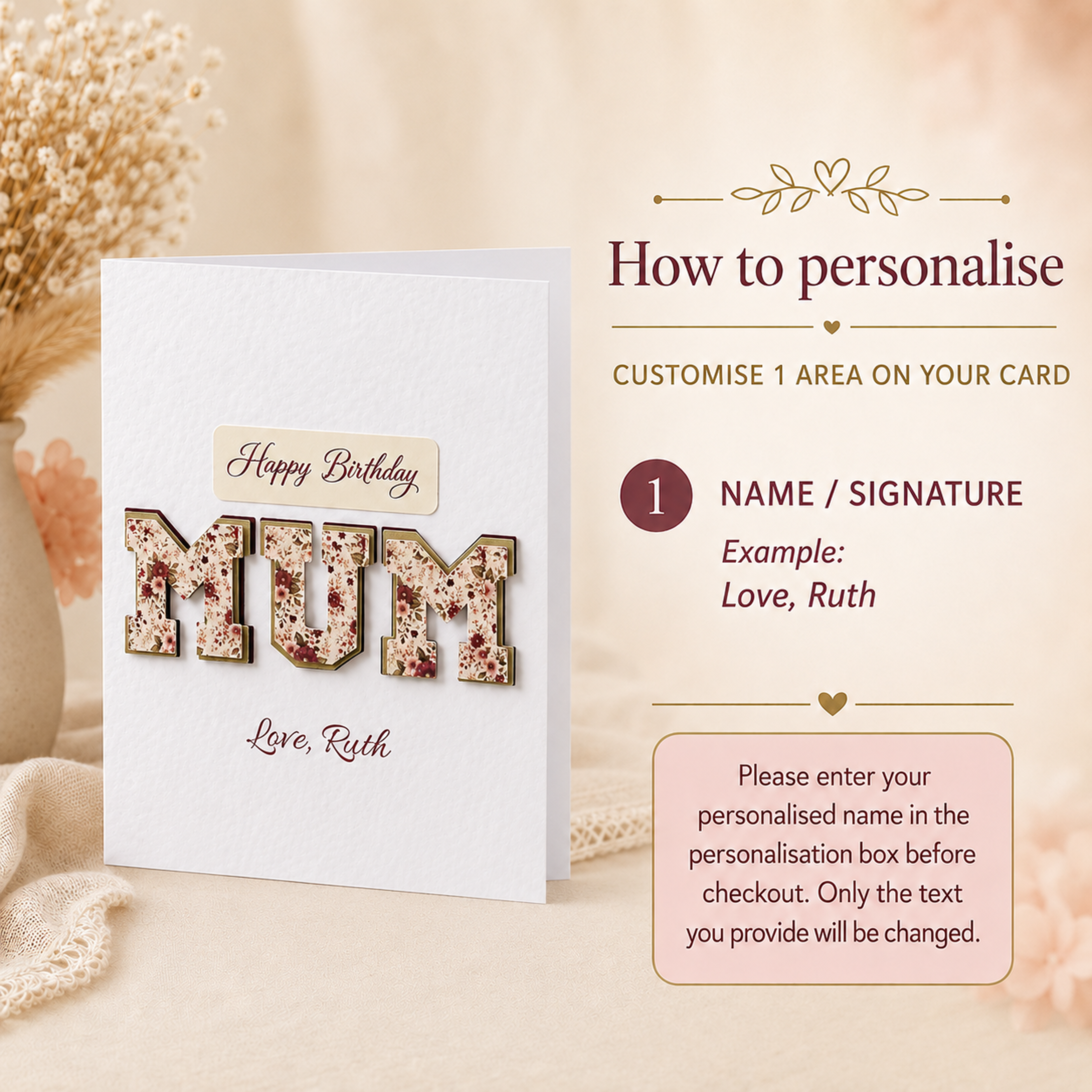 Personalised 3D MUM birthday card shown from an angled view